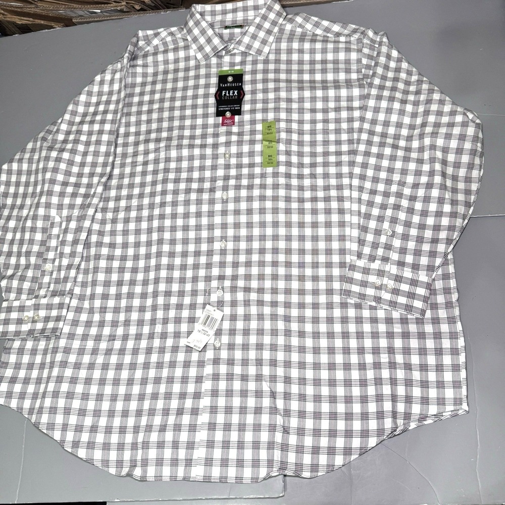 Van Heusen Shirt Big 18.5 32 33 Flex Collar White Plaid Long Button New
